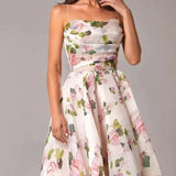 Strapless Midi Jurk met Bloemenprint en Uitlopende Rok