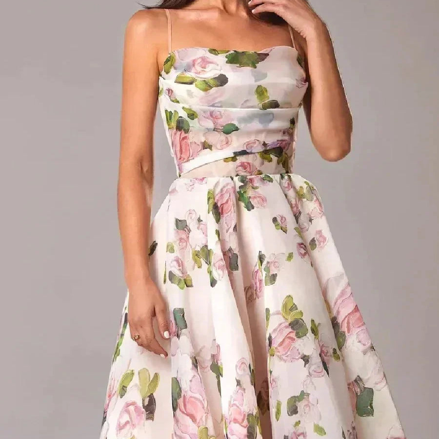 Strapless Midi Jurk met Bloemenprint en Uitlopende Rok