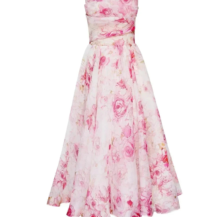 Strapless Midi Jurk met Bloemenprint en Uitlopende Rok