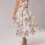Strapless Midi Jurk met Bloemenprint en Uitlopende Rok