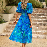 Midi Jurk met Bloemenprint en Overslag V-Hals