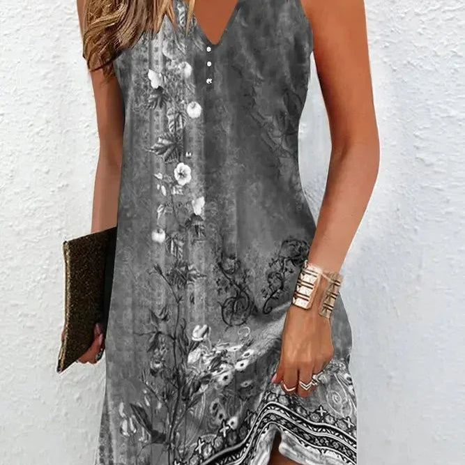 Mouwloze Mini Jurk met Print en V-Hals