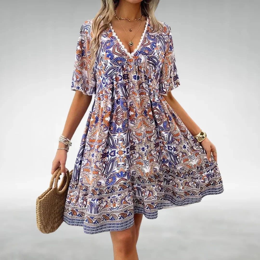 Bohemian Mini Jurk met Print en Volantzoom