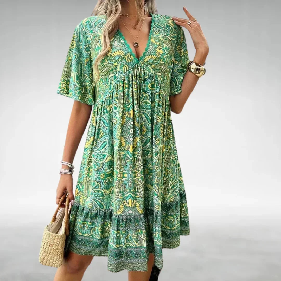 Bohemian Mini Jurk met Print en Volantzoom
