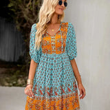 Bohemian Mini Jurk met Print en Volantzoom