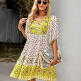 Bohemian Mini Jurk met Print en Volantzoom