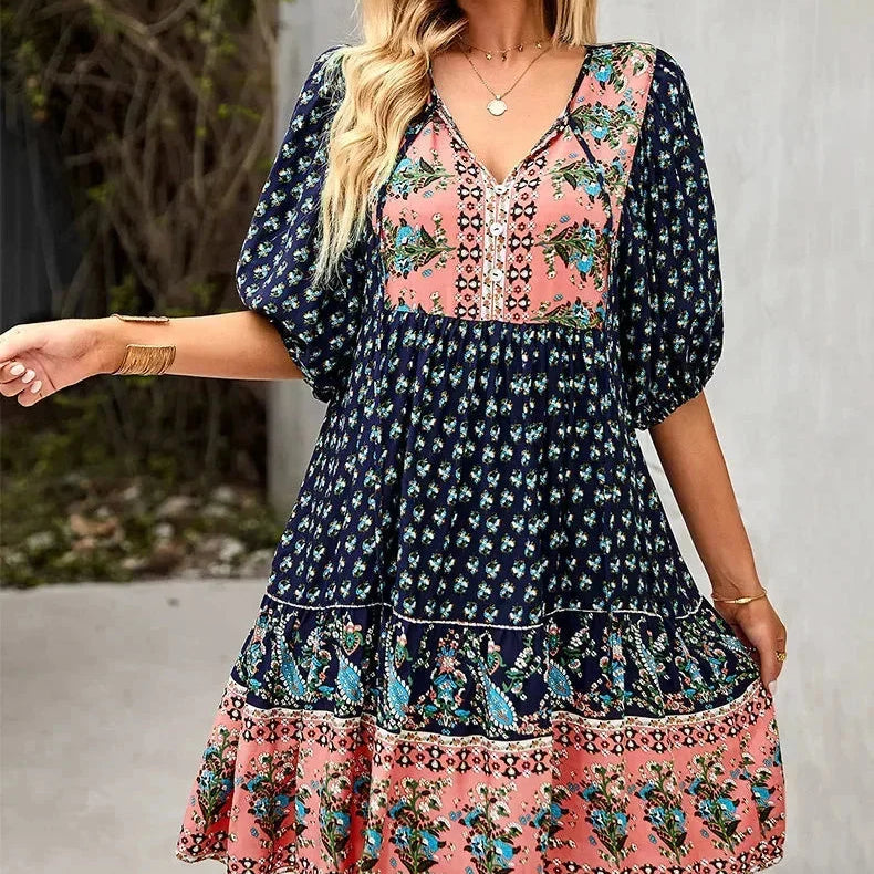 Bohemian Mini Jurk met Print en Volantzoom