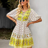 Bohemian Mini Jurk met Print en Volantzoom