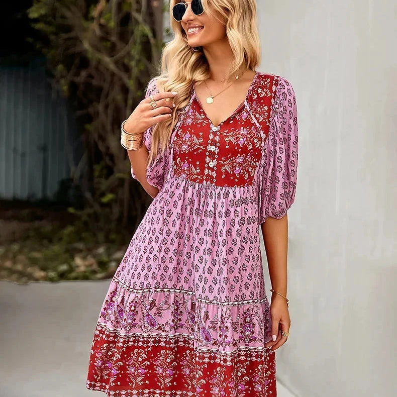 Bohemian Mini Jurk met Print en Volantzoom