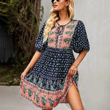 Bohemian Mini Jurk met Print en Volantzoom