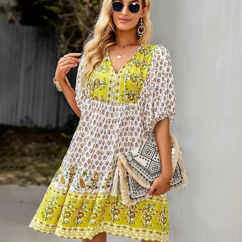 Bohemian Mini Jurk met Print en Volantzoom