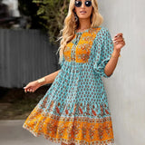 Bohemian Mini Jurk met Print en Volantzoom