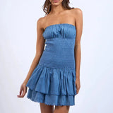 Strapless Denim Mini Jurk met Volantzoom