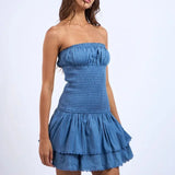 Strapless Denim Mini Jurk met Volantzoom
