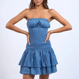 Strapless Denim Mini Jurk met Volantzoom