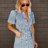 Denim Mini Jurk met Knoopsluiting en Tailleband