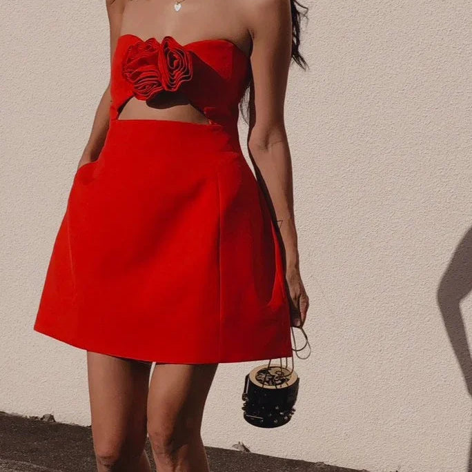 Strapless Mini Jurk met Bloemappliqué