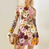Mini Jurk met Bloemenprint en Lange Mouwen