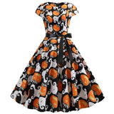 Halloween kostuum jurk midi – damesjurk met geest- en pompoenprint, comfortabele pasvorm en speels design, perfect voor Halloweenfeestjes en cosplay.