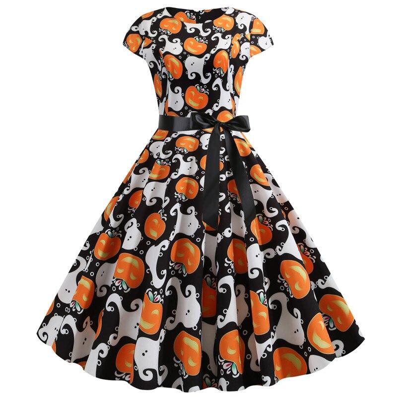 Halloween kostuum jurk midi – damesjurk met geest- en pompoenprint, comfortabele pasvorm en speels design, perfect voor Halloweenfeestjes en cosplay.