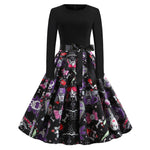 Halloween mini jurk – gothic cartoon print met lange mouwen voor dames, comfortabele pasvorm met speels en eng ontwerp, perfect voor Halloween en verkleedfeesten.