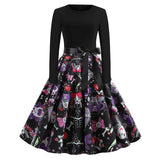 Halloween mini jurk – gothic cartoon print met lange mouwen voor dames, comfortabele pasvorm met speels en eng ontwerp, perfect voor Halloween en verkleedfeesten.