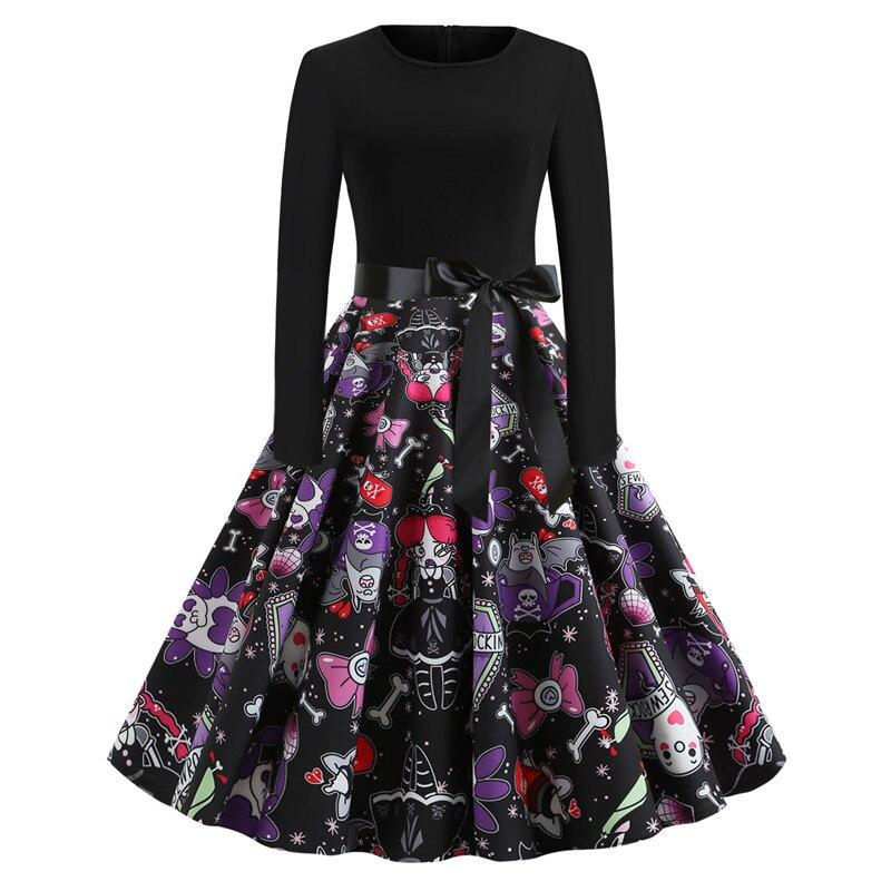 Halloween mini jurk – gothic cartoon print met lange mouwen voor dames, comfortabele pasvorm met speels en eng ontwerp, perfect voor Halloween en verkleedfeesten.