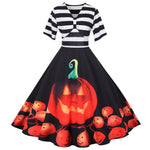 Halloween midi jurk – vintage pompoenschommel kostuum voor dames, comfortabele pasvorm met speels en feestelijk design, ideaal voor Halloween en verkleedfeesten.