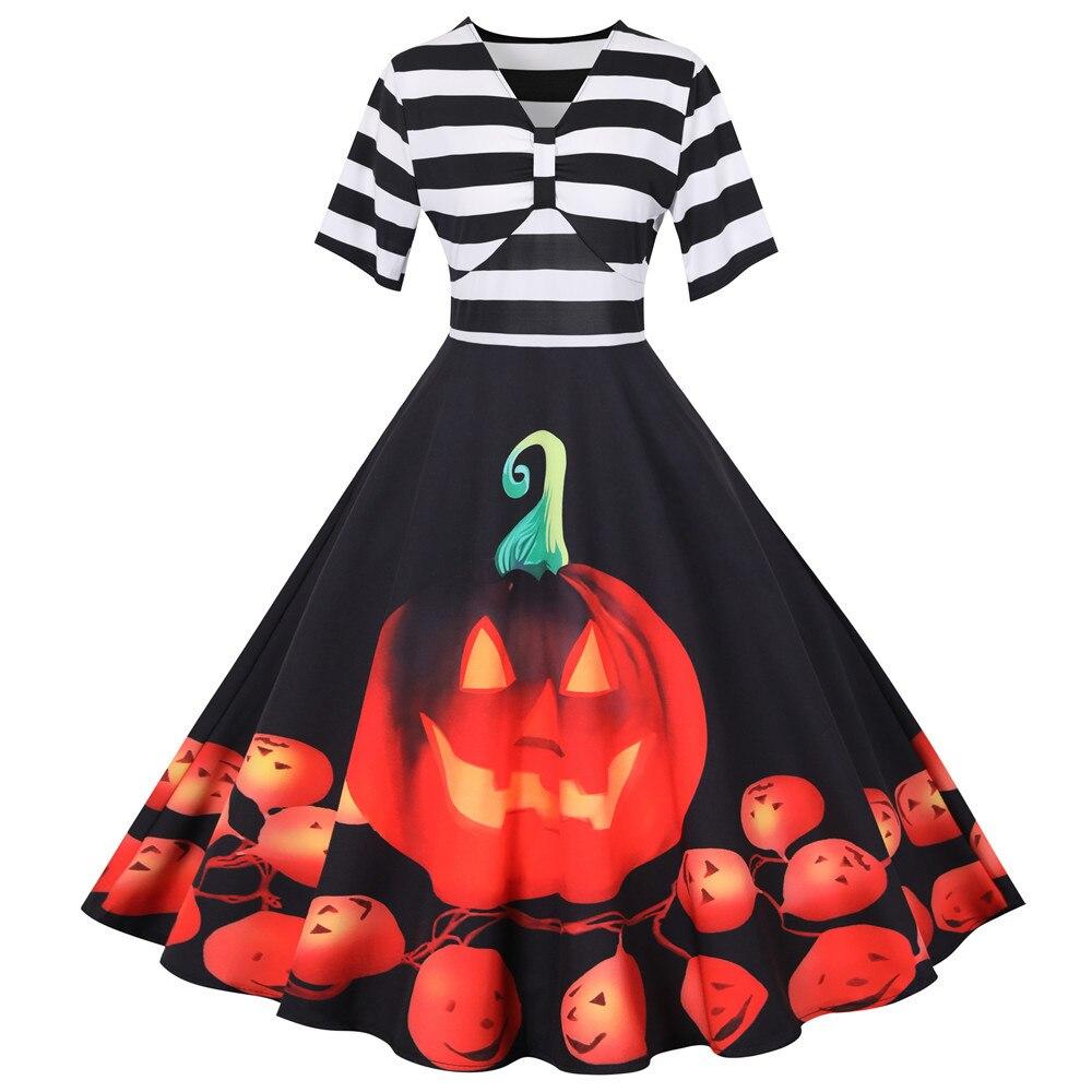 Halloween midi jurk – vintage pompoenschommel kostuum voor dames, comfortabele pasvorm met speels en feestelijk design, ideaal voor Halloween en verkleedfeesten.