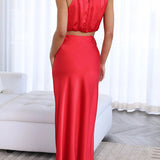Elegante Satijnen Maxi Jurk met Hoge Hals en Mouwloos Design
