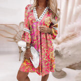 Boho Print Jurk met V Hals en Losse Pasvorm