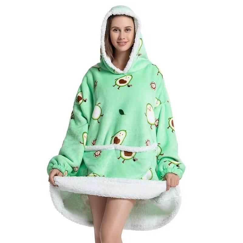 AvoCozy unisex hoodie deken – zachte sherpa en flanel, comfortabele oversized pasvorm voor ultiem warmte- en relaxcomfort.