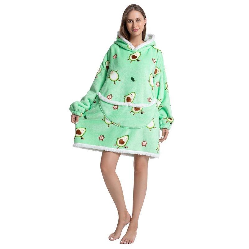 AvoCozy unisex hoodie deken – zachte sherpa en flanel, comfortabele oversized pasvorm voor ultiem warmte- en relaxcomfort.