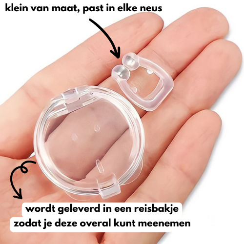 Snurk Stopper – Transparante anti-snurk neusclip in opbergdoosje, ontworpen voor comfortabel gebruik tijdens de nacht om snurken te verminderen.