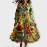 Dames Midi Jurk met Zonnebloemprint en Ronde Hals