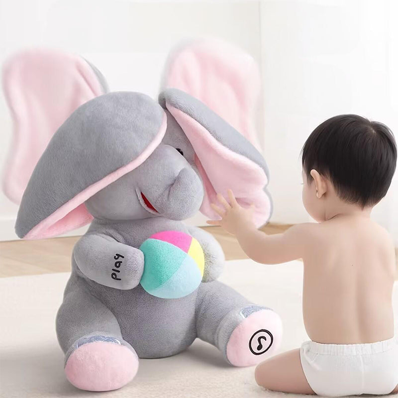 Kiekeboe olifantje – muzikaal knuffelspeelgoed voor baby’s, zacht pluche materiaal en interactief design dat spel en ontwikkeling stimuleert.