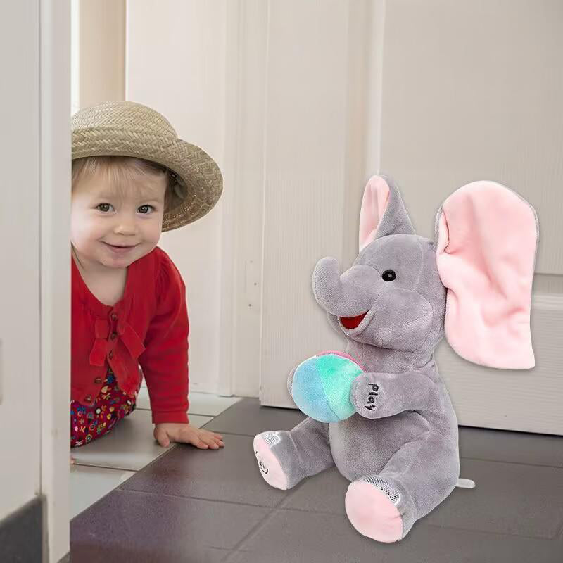 Kiekeboe olifantje – muzikaal knuffelspeelgoed voor baby’s, zacht pluche materiaal en interactief design dat spel en ontwikkeling stimuleert.