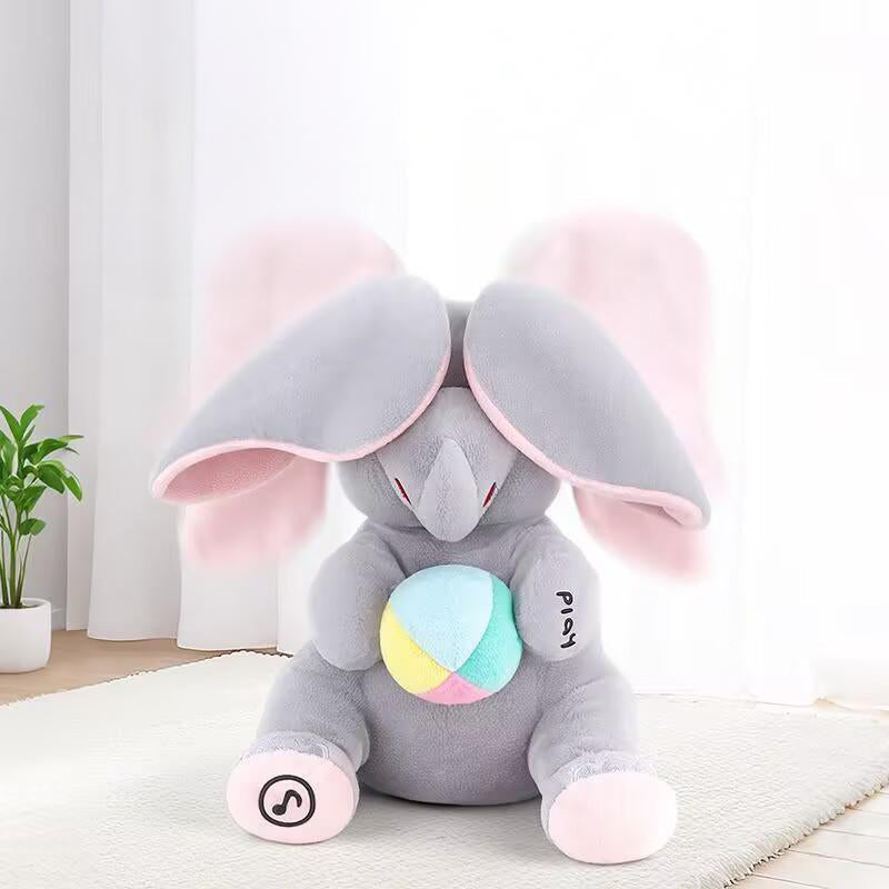 Kiekeboe olifantje – muzikaal knuffelspeelgoed voor baby’s, zacht pluche materiaal en interactief design dat spel en ontwikkeling stimuleert.