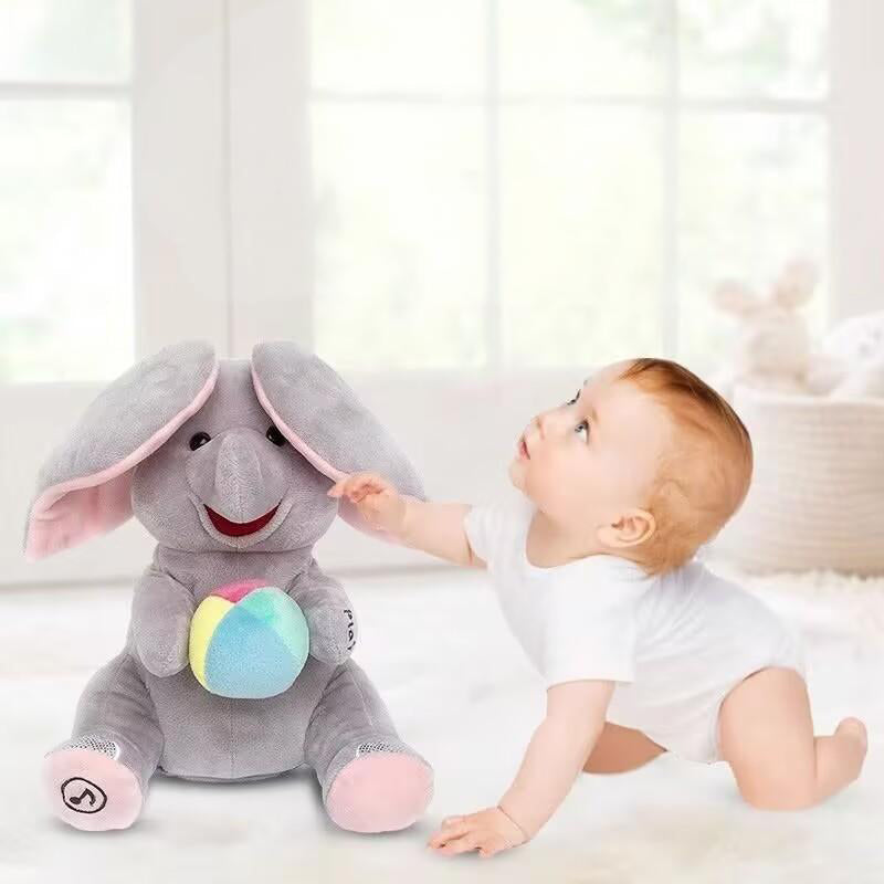 Kiekeboe olifantje – muzikaal knuffelspeelgoed voor baby’s, zacht pluche materiaal en interactief design dat spel en ontwikkeling stimuleert.