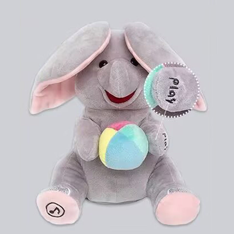 Kiekeboe olifantje – muzikaal knuffelspeelgoed voor baby’s, zacht pluche materiaal en interactief design dat spel en ontwikkeling stimuleert.