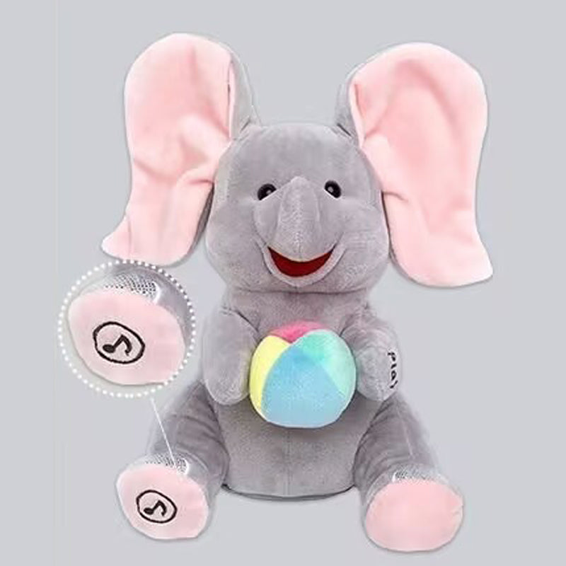 Kiekeboe olifantje – muzikaal knuffelspeelgoed voor baby’s, zacht pluche materiaal en interactief design dat spel en ontwikkeling stimuleert.