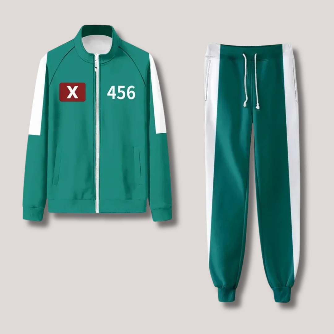 Squid Game kostuum – iconisch groen jumpsuit met nummerprint, replica van het populaire televisieserie outfit, geschikt voor cosplay en themafeesten.
