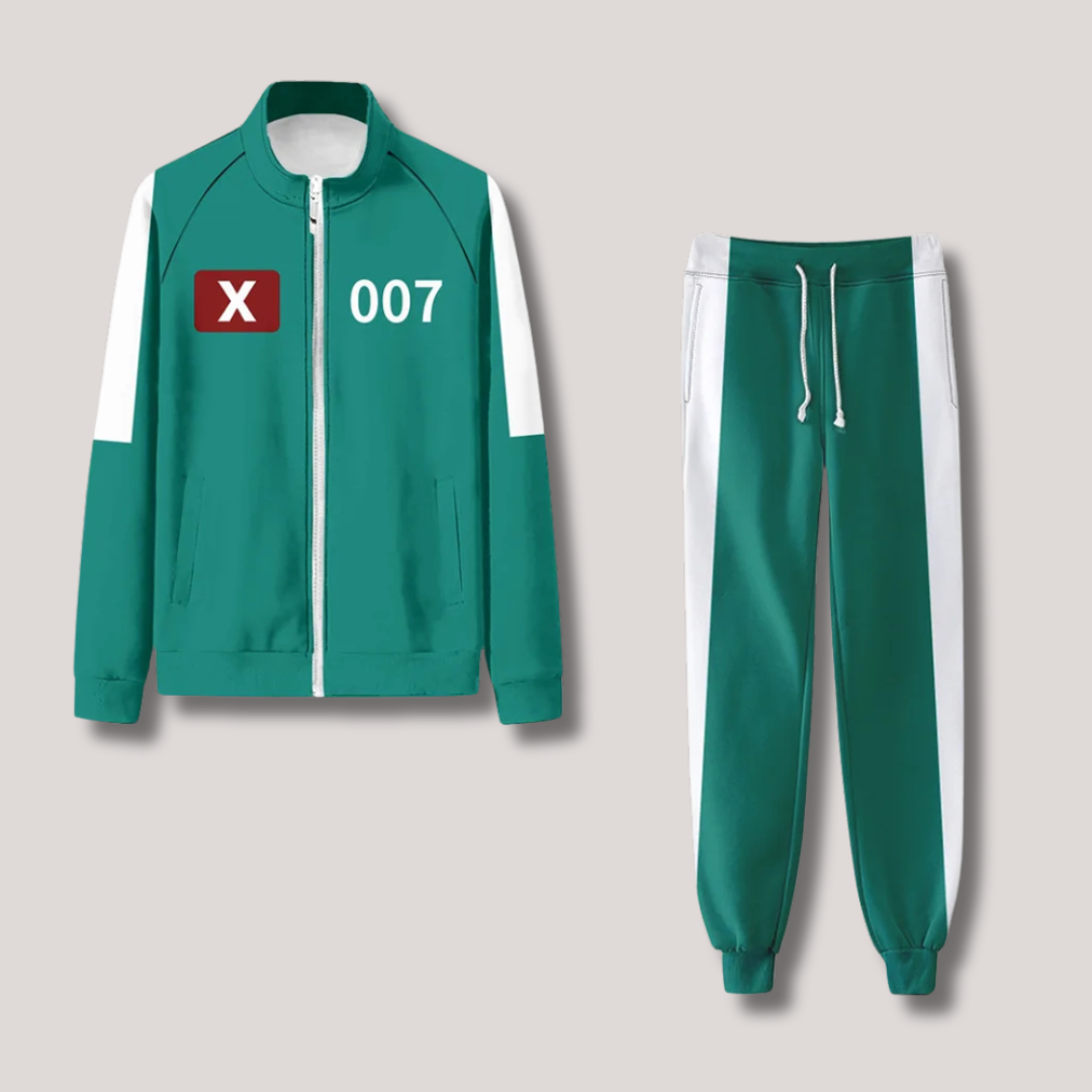 Squid Game kostuum – iconisch groen jumpsuit met nummerprint, replica van het populaire televisieserie outfit, geschikt voor cosplay en themafeesten.