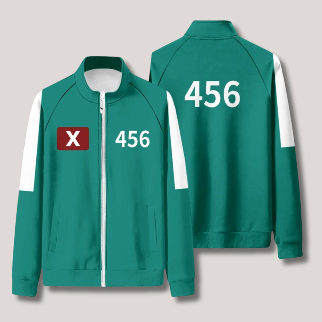 Squid Game kostuum – iconisch groen jumpsuit met nummerprint, replica van het populaire televisieserie outfit, geschikt voor cosplay en themafeesten.