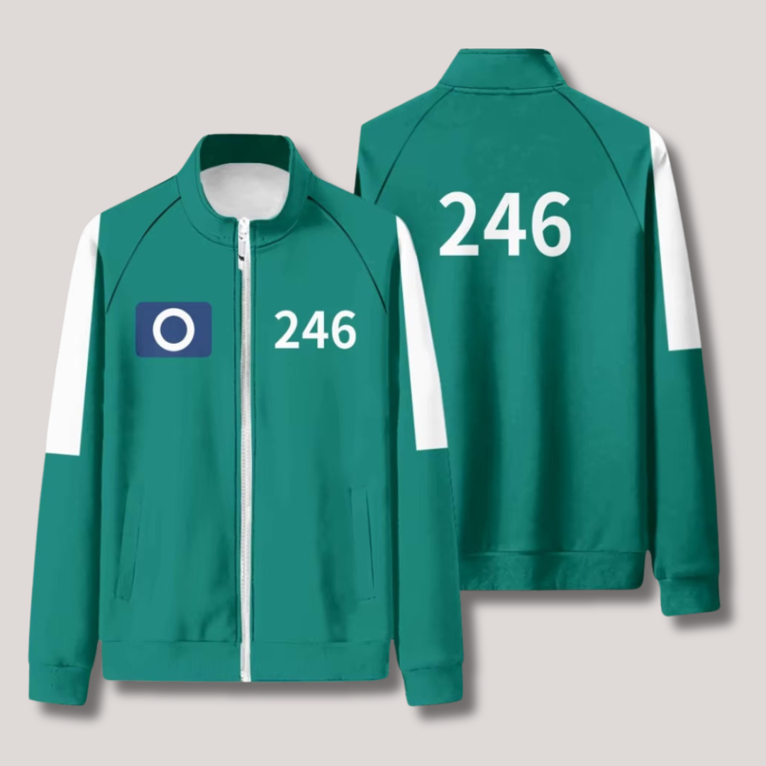Squid Game kostuum – iconisch groen jumpsuit met nummerprint, replica van het populaire televisieserie outfit, geschikt voor cosplay en themafeesten.