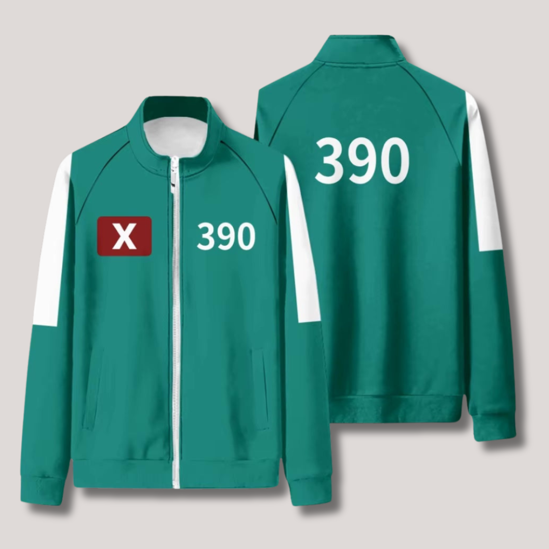 Squid Game kostuum – iconisch groen jumpsuit met nummerprint, replica van het populaire televisieserie outfit, geschikt voor cosplay en themafeesten.
