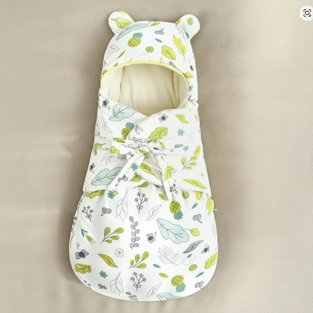 CuddleNest katoenen babywikkeldeken – zachte, ademende stof, ideale pasvorm voor veilig inbakeren en comfortabel slapen.