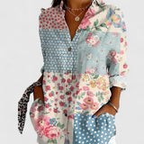 Dames blouse met patchwork bloemenprint en knopen