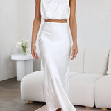Elegante Satijnen Maxi Jurk met Hoge Hals en Mouwloos Design