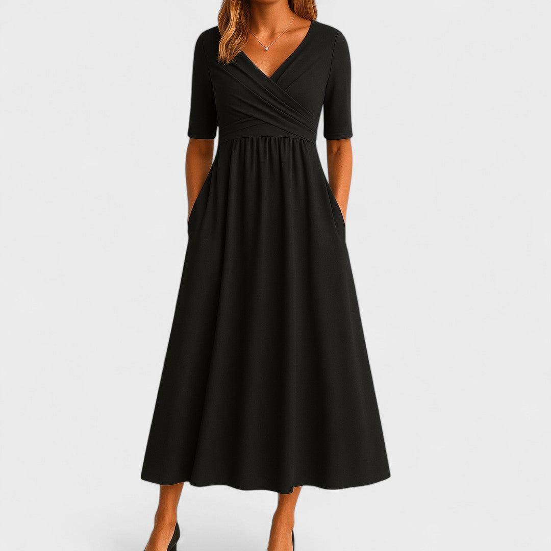 Midi Jurk met Overslaghals en Uitlopende Rok